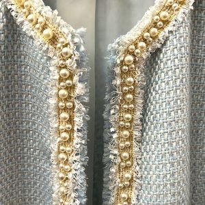 Elegant Pearl-Trim Tweed Jacket - Light Blue redesigned by lilylilyl